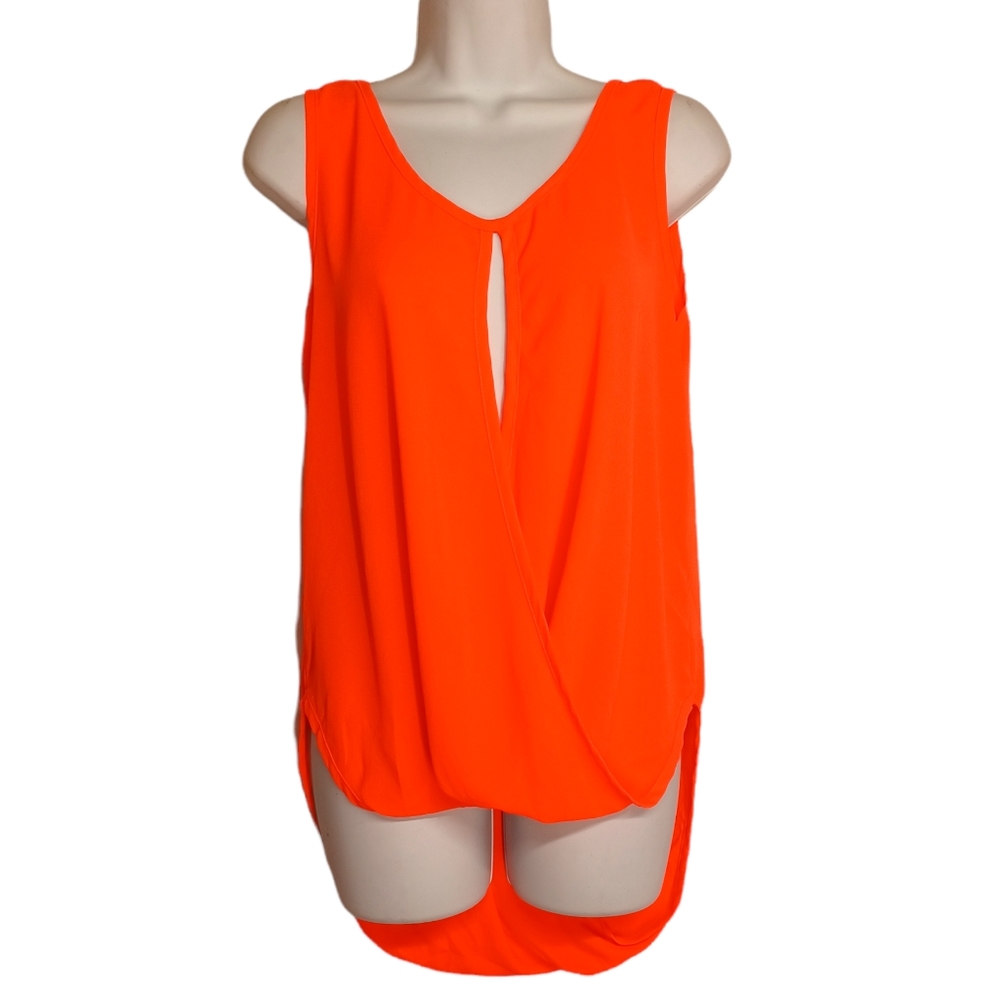 STYLE TREE Vibrant Neon Orange Sleeveless Criss Cross Hi Low Top Large